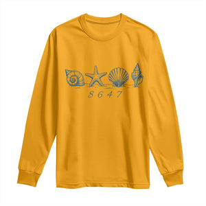 8647 Sea Shells Starfish Vintage Coastal Blue Line Graphic Long Sleeve Shirt Coded Political Satire TS02 Gold Print Your Wear