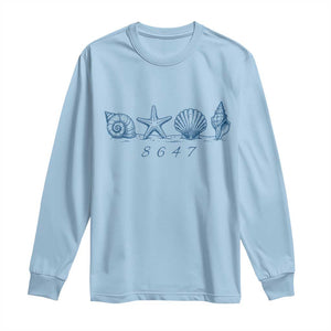 8647 Sea Shells Starfish Vintage Coastal Blue Line Graphic Long Sleeve Shirt Coded Political Satire TS02 Light Blue Print Your Wear
