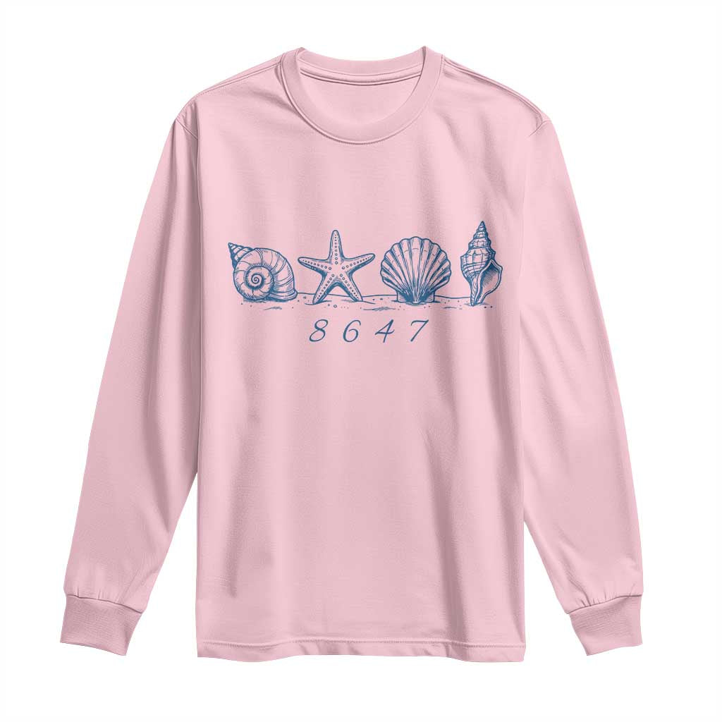 8647 Sea Shells Starfish Vintage Coastal Blue Line Graphic Long Sleeve Shirt Coded Political Satire TS02 Light Pink Print Your Wear
