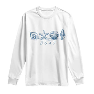 8647 Sea Shells Starfish Vintage Coastal Blue Line Graphic Long Sleeve Shirt Coded Political Satire TS02 White Print Your Wear