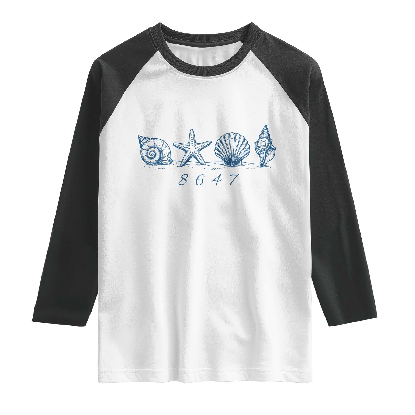 8647 Sea Shells Starfish Vintage Coastal Blue Line Graphic Raglan Shirt Coded Political Satire TS02 White Black Print Your Wear