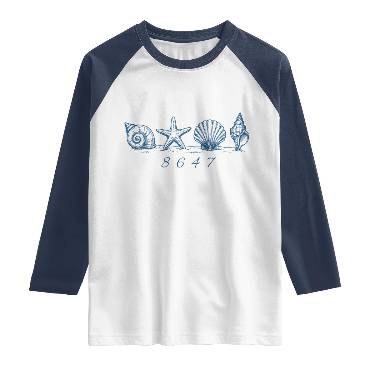 8647 Sea Shells Starfish Vintage Coastal Blue Line Graphic Raglan Shirt Coded Political Satire TS02 White Navy Print Your Wear