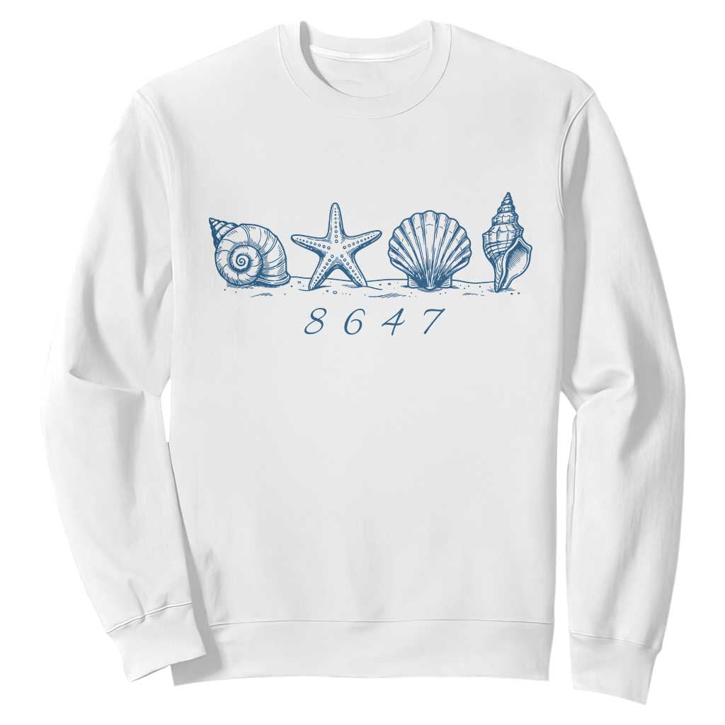 8647 Sea Shells Starfish Vintage Coastal Blue Line Graphic Sweatshirt Coded Political Satire TS02 White Print Your Wear
