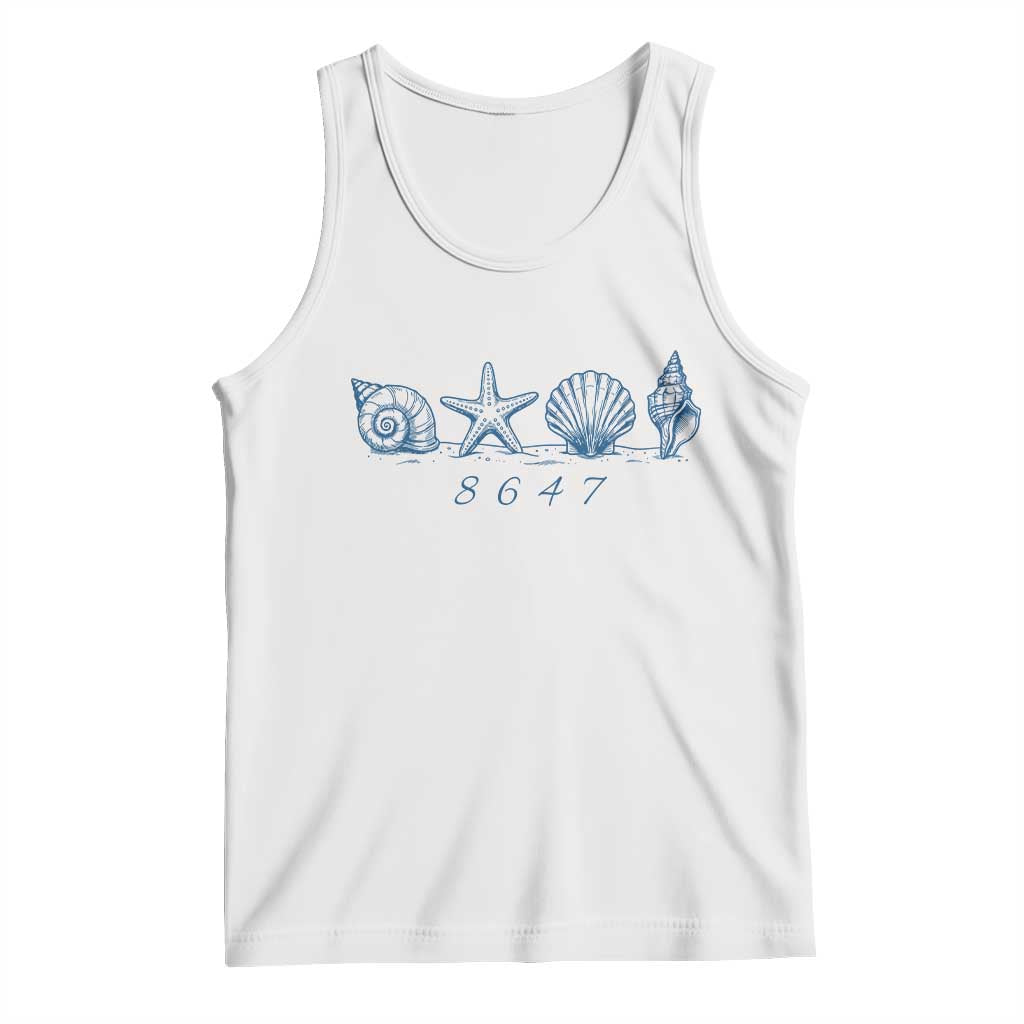 8647 Sea Shells Starfish Vintage Coastal Blue Line Graphic Tank Top Coded Political Satire TS02 White Print Your Wear