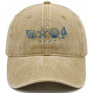 8647 Sea Shells Starfish Vintage Coastal Blue Line Graphic Washed Cotton Baseball Cap Coded Political Satire TS02 Print Your Wear