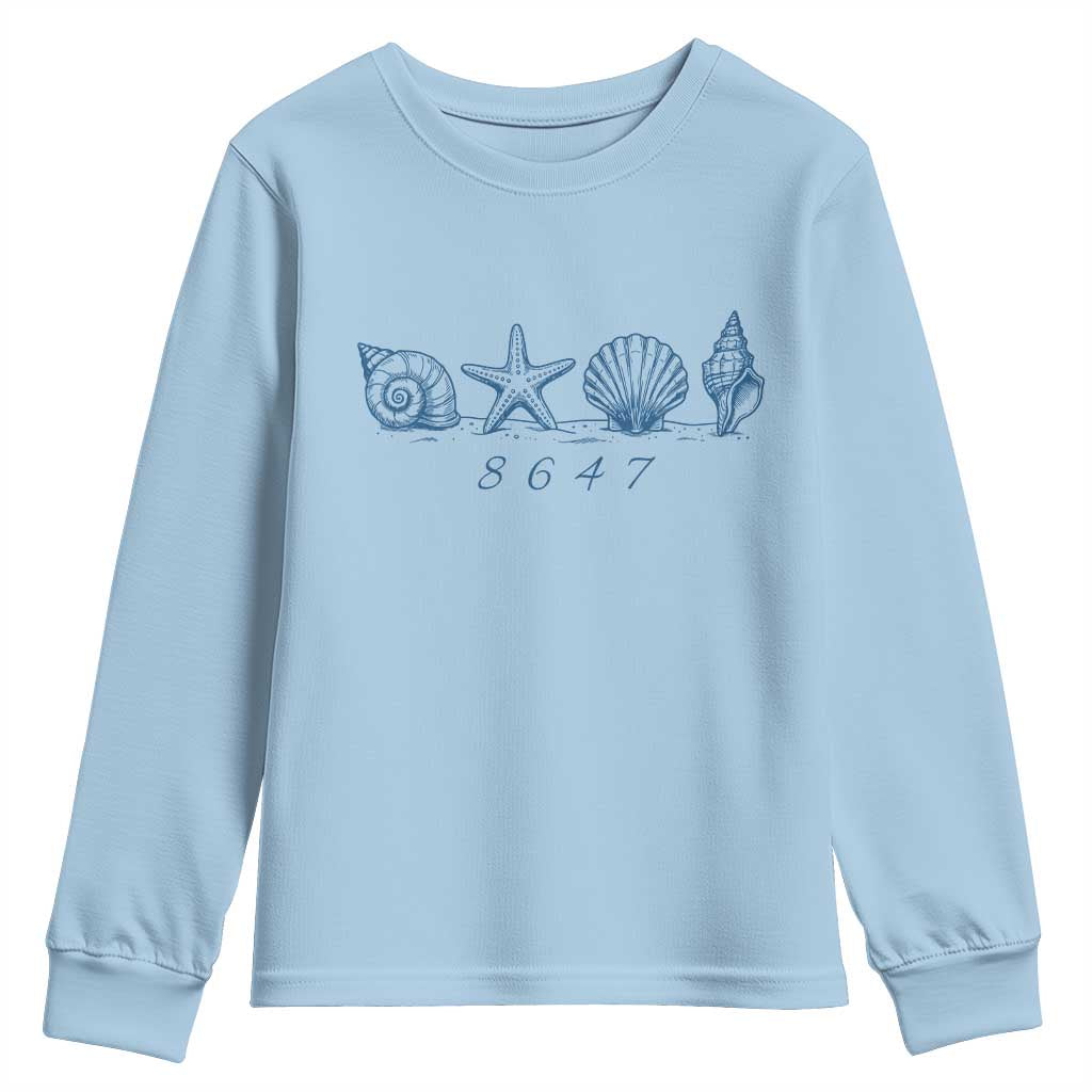 8647 Sea Shells Starfish Vintage Coastal Blue Line Graphic Youth Sweatshirt Coded Political Satire TS02 Light Blue Print Your Wear