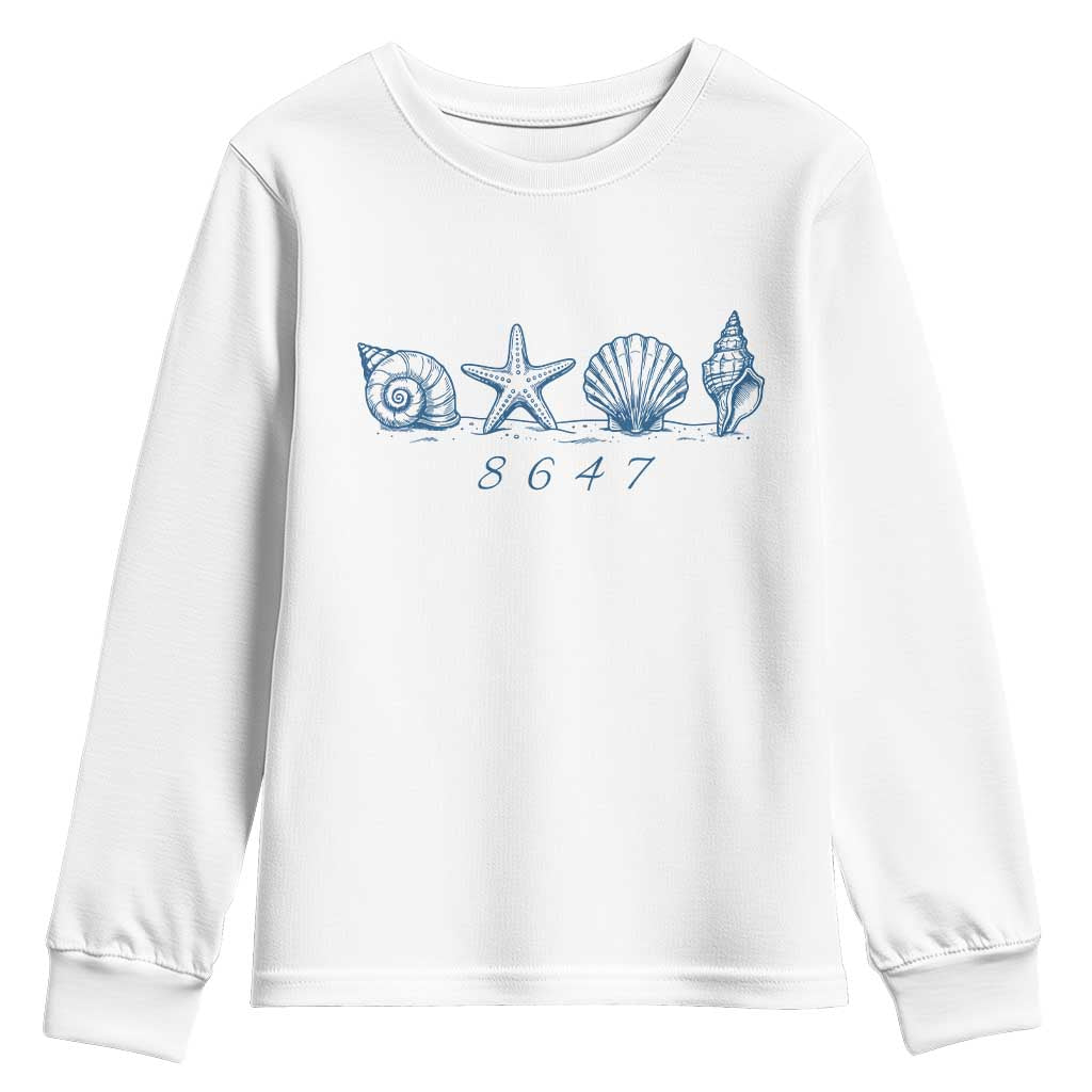 8647 Sea Shells Starfish Vintage Coastal Blue Line Graphic Youth Sweatshirt Coded Political Satire TS02 White Print Your Wear