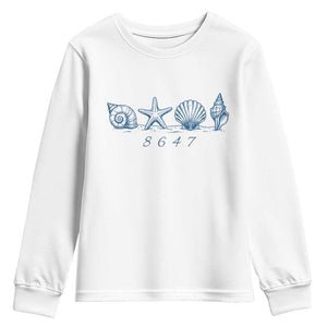 8647 Sea Shells Starfish Vintage Coastal Blue Line Graphic Youth Sweatshirt Coded Political Satire TS02 White Print Your Wear