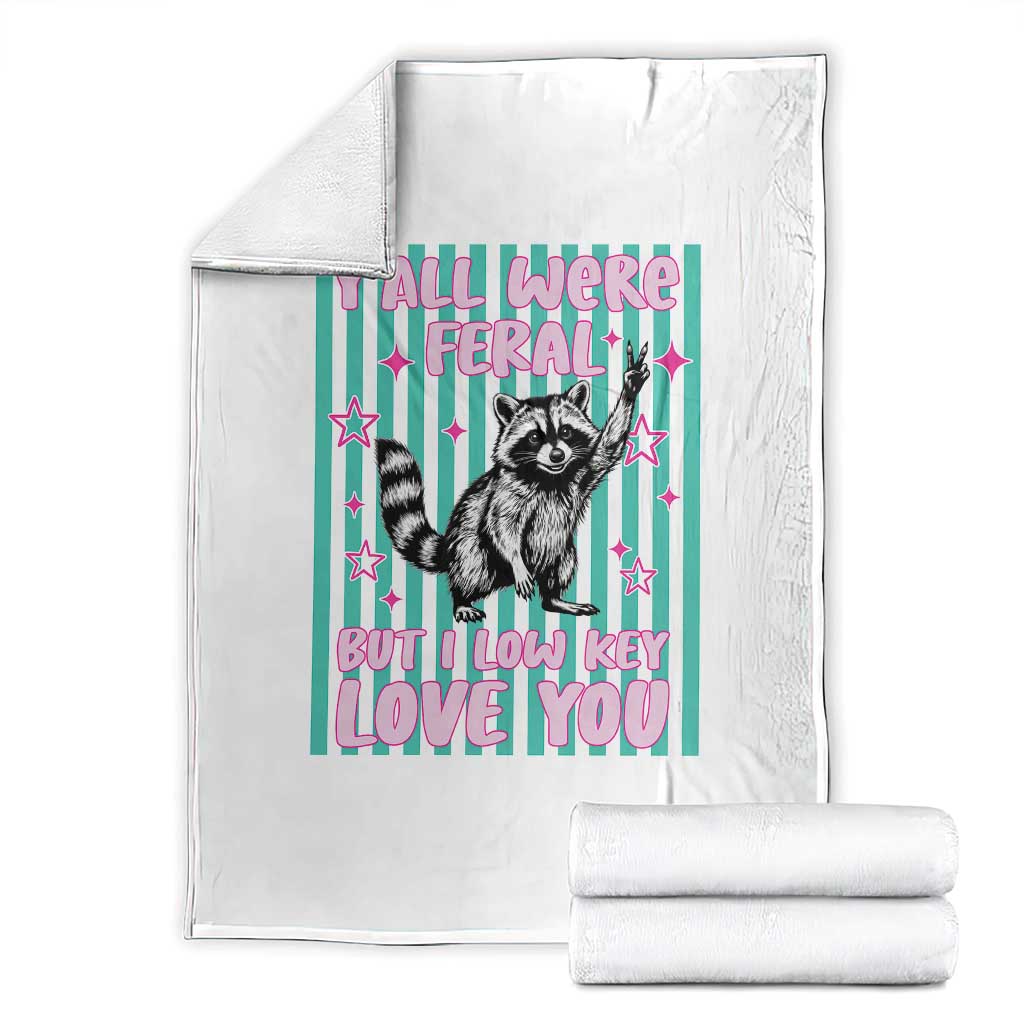 Y'all Were Feral But I Low Key Love You Pink Stripes Raccoon Throw Blanket Funny Teacher End of School Year TS02 White Print Your Wear