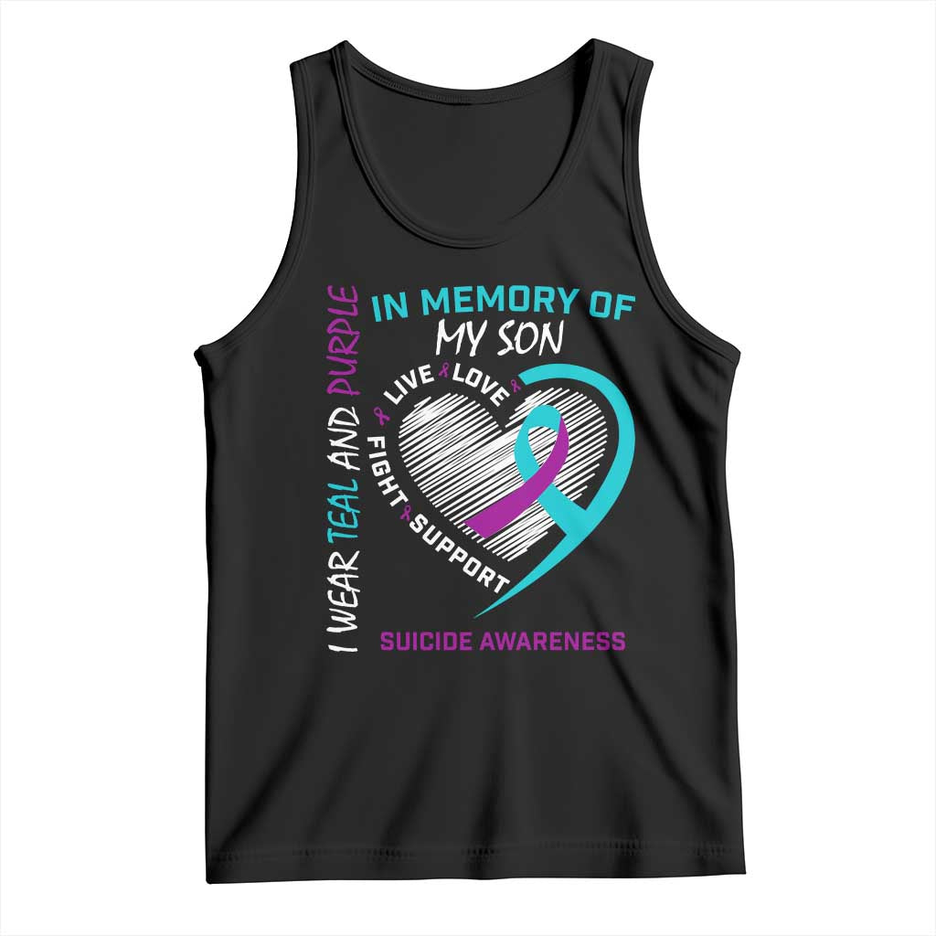 In Memory of My Son Suicide Awareness Tank Top Teal and Purple Ribbon Remembrance Gift TS02 Black Print Your Wear