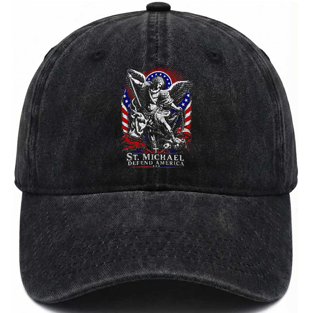 St Michael Defend America Archangel Graphic Washed Cotton Baseball Cap Christian Faith Patriotic TS02 Print Your Wear