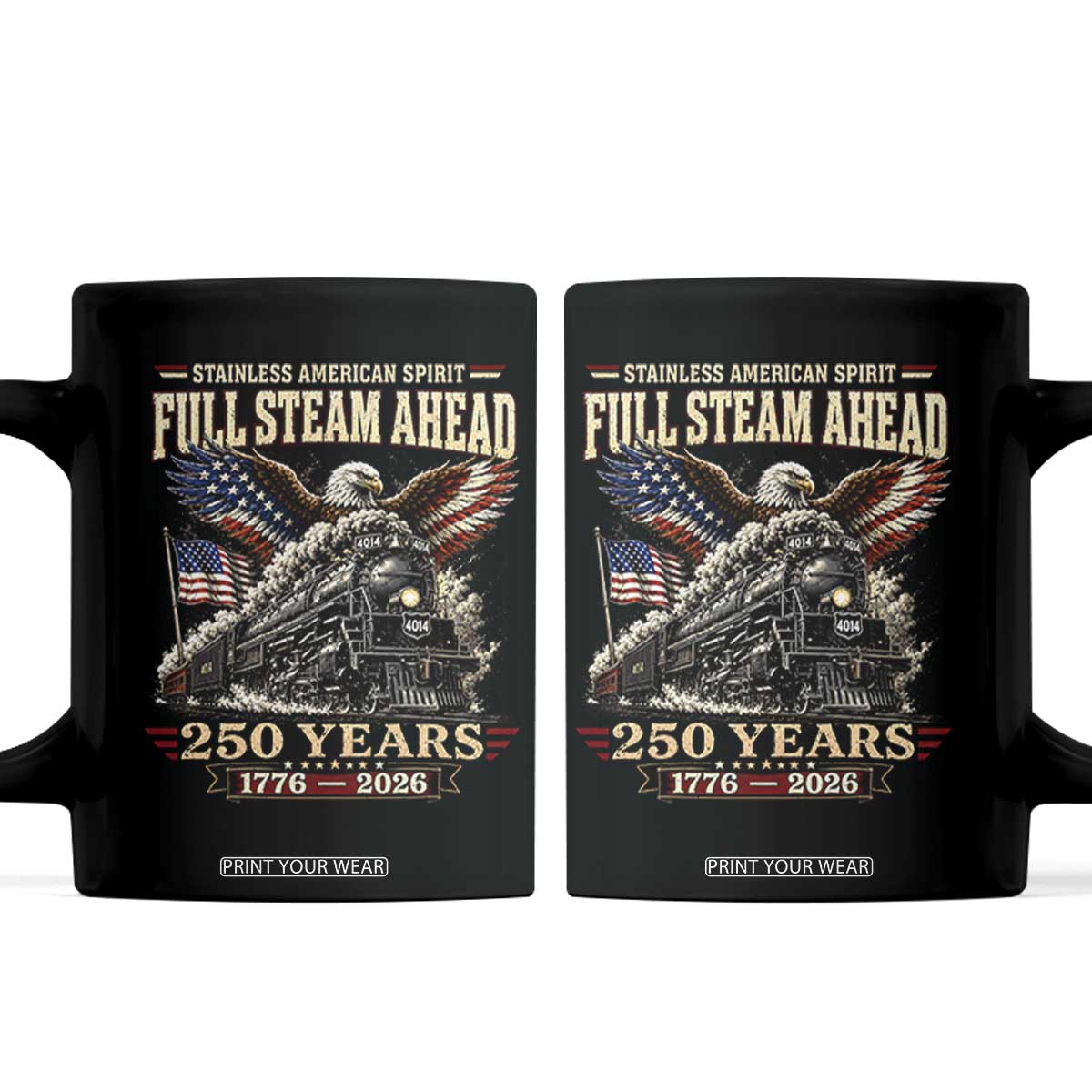 Full Steam Ahead Patriotic Bald Eagle Coffee Mug Vintage Stainless American Spirit Steam Locomotive Heritage TS02 Black Print Your Wear