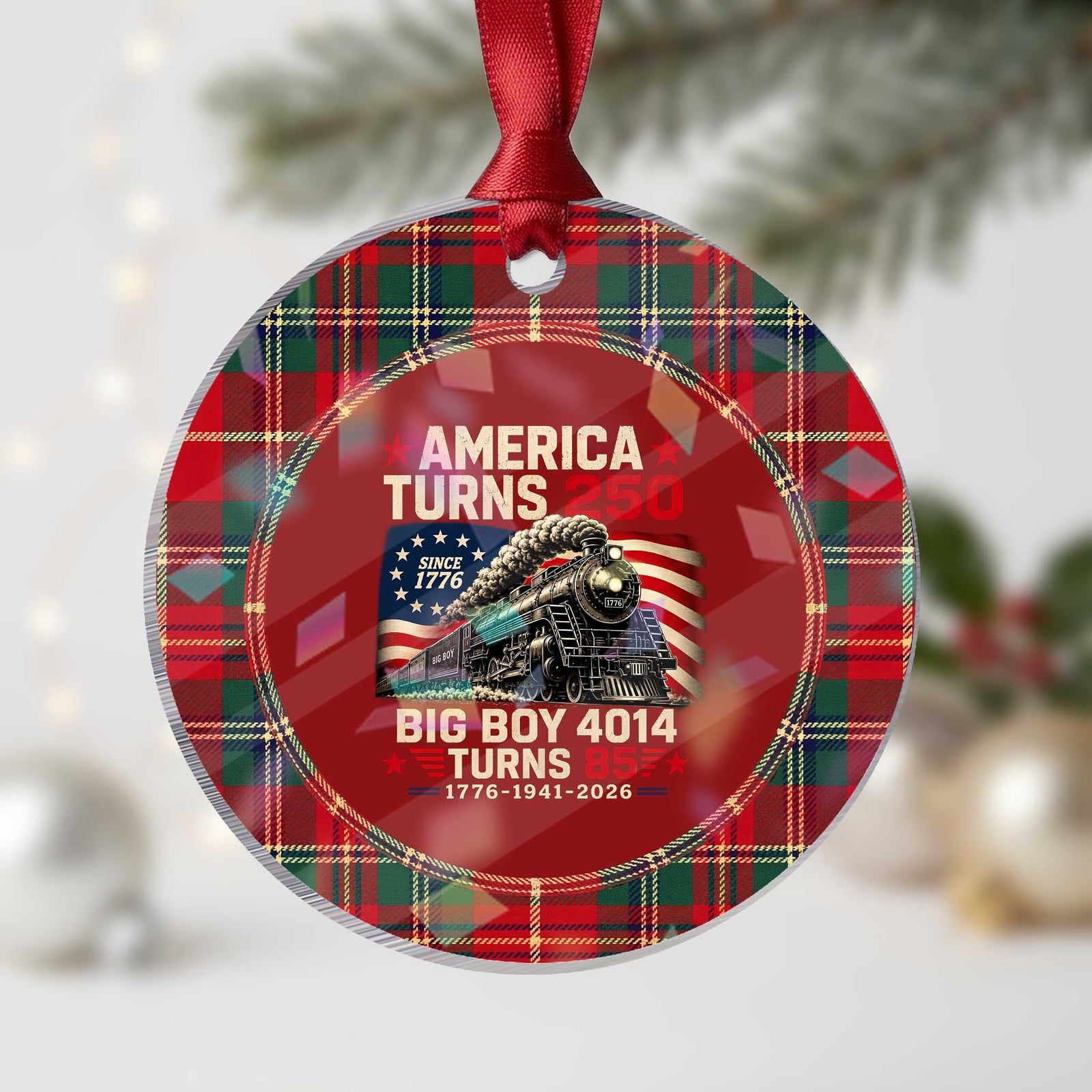 America Turns 250 Steam Locomotive Turns 85 Holographic Acrylic Ornament Vintage Railroad Steam Engine 85th USA 250th Anniversary