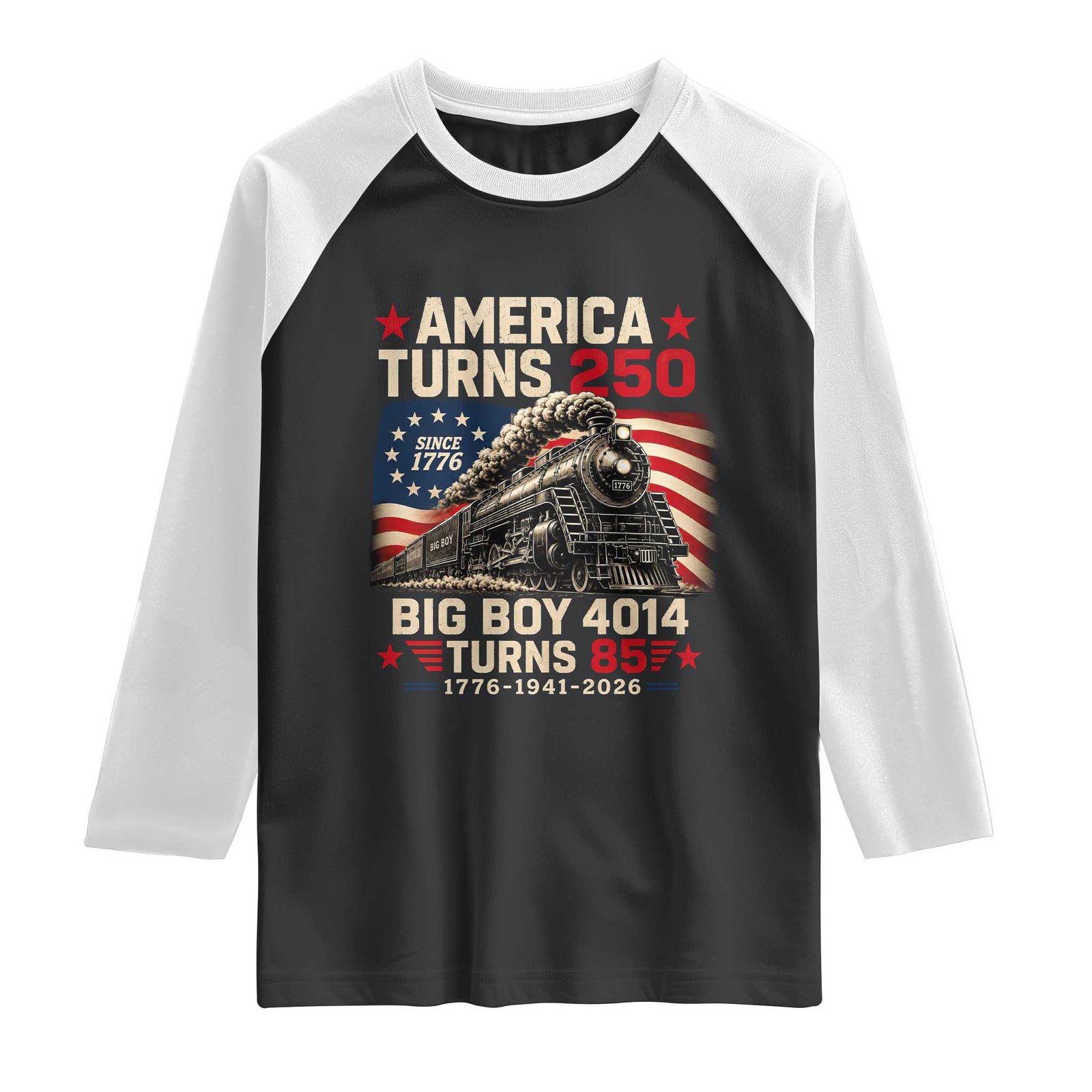 America Turns 250 Steam Locomotive Turns 85 Raglan Shirt Vintage Railroad Steam Engine 85th USA 250th Anniversary TS02 Black White Print Your Wear
