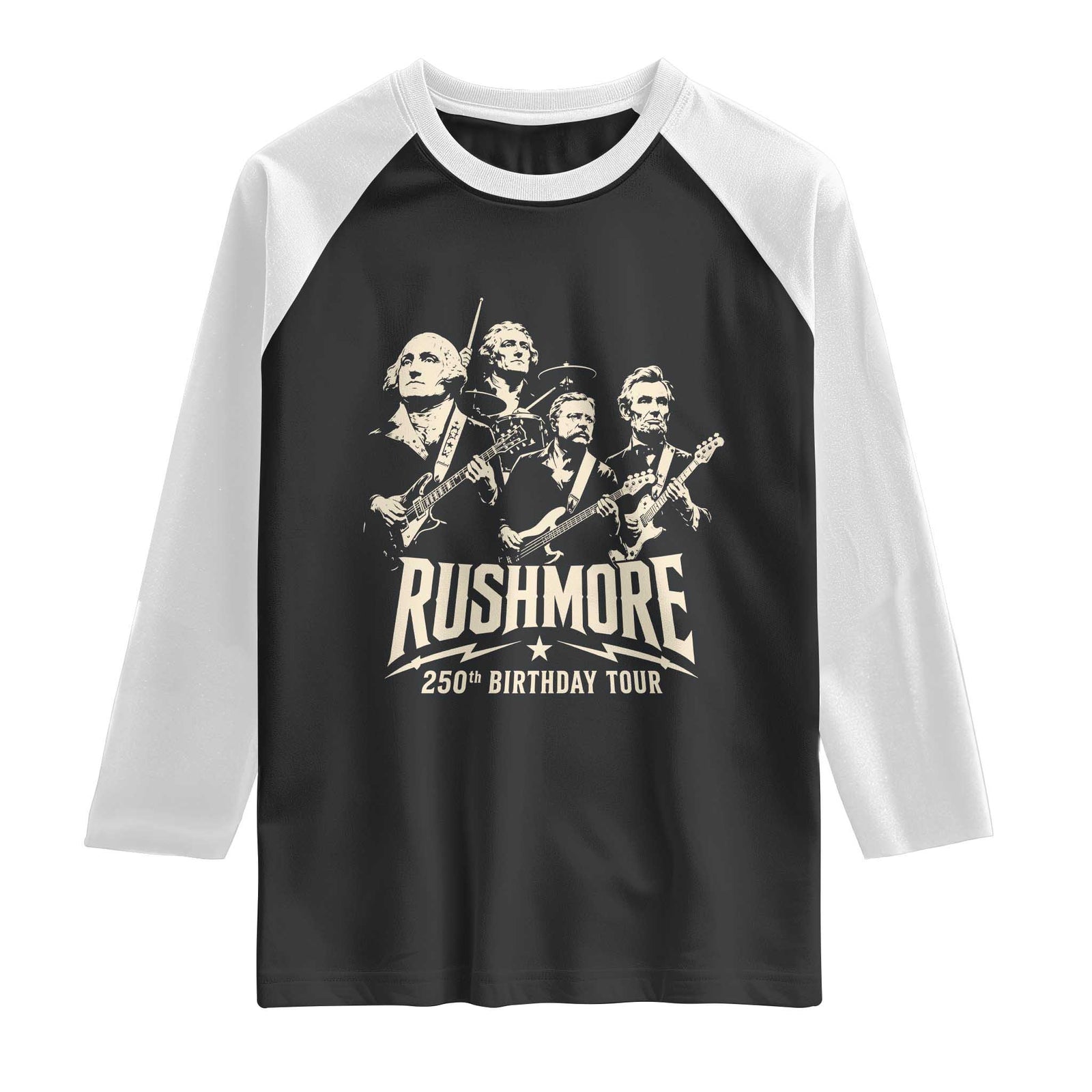 Rushmore 250th Birthday Tour Band Raglan Shirt Presidents Rock Concert Historical Collages TS02 Black White Print Your Wear