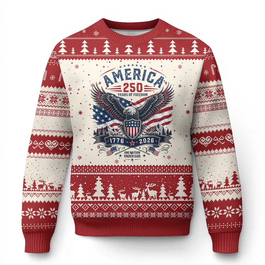 250 Years of Freedom Patriotic Eagle Ugly Christmas Sweater One Nation Under God 1776-2026 250th Anniversary TS02 Beige Red Print Your Wear