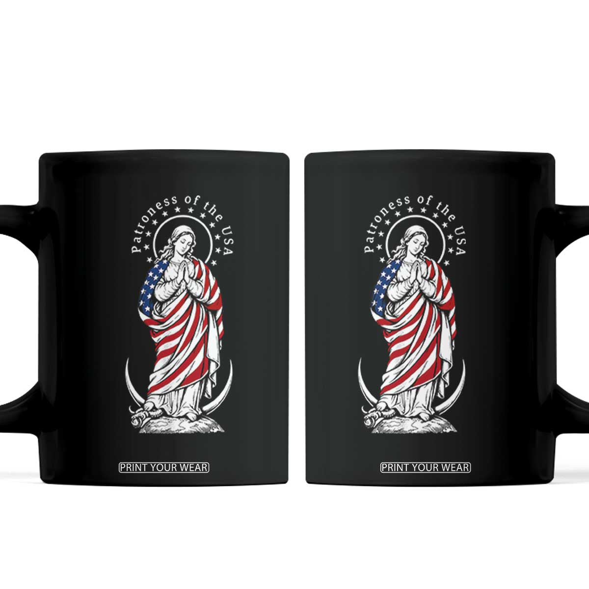 Patroness of the USA Virgin Mary Graphic Coffee Mug Patriotic American Flag Catholic Faith TS02 Black Print Your Wear