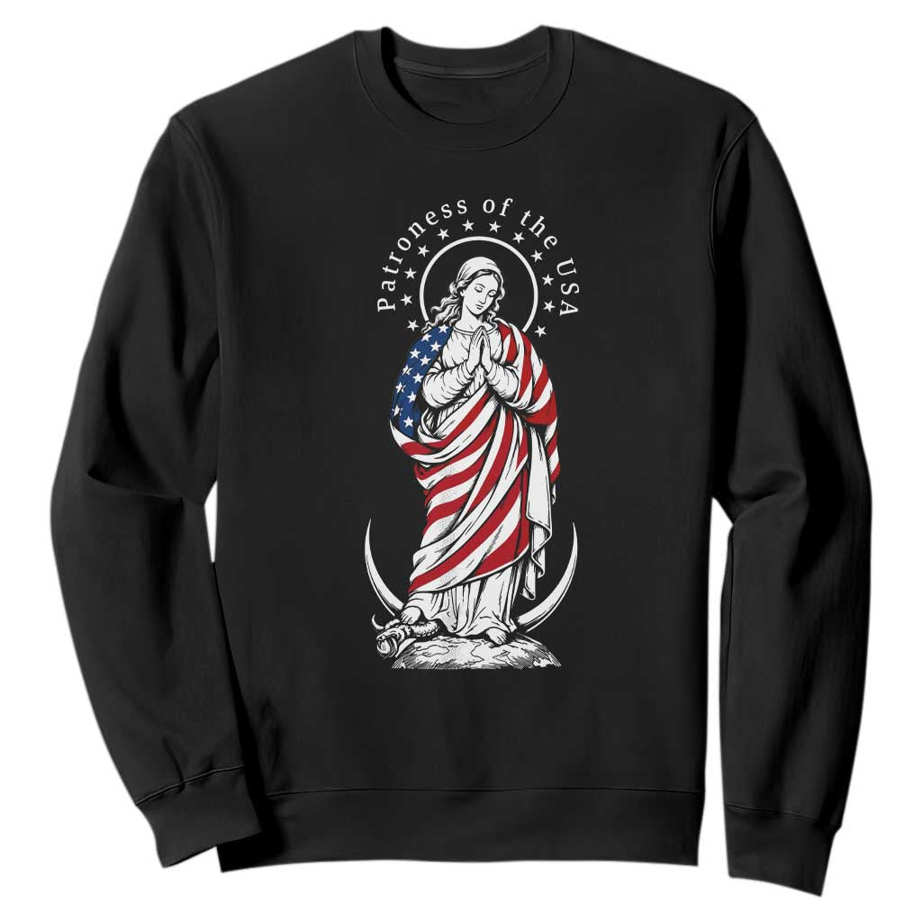 Patroness of the USA Virgin Mary Graphic Sweatshirt Patriotic American Flag Catholic Faith TS02 Black Print Your Wear