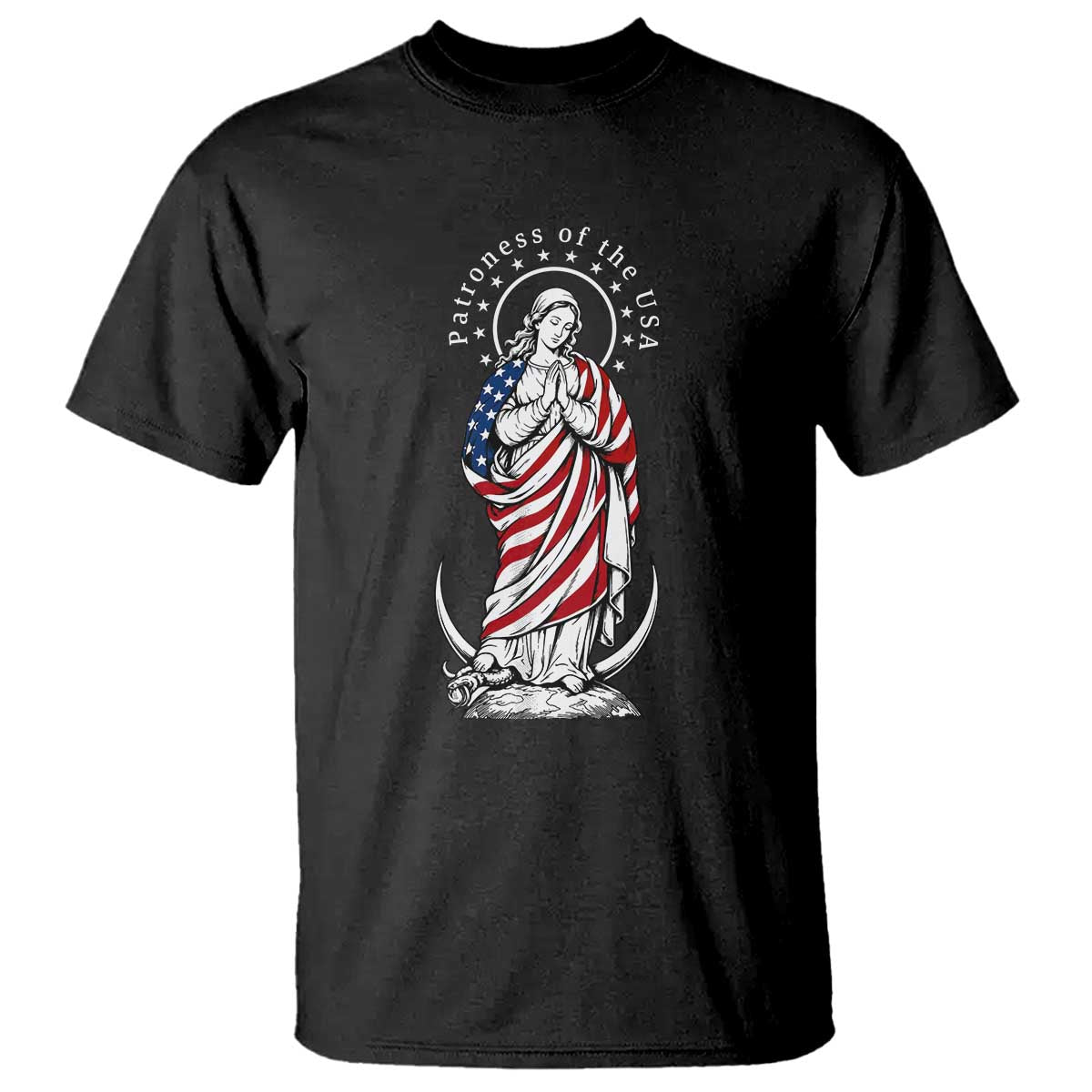 Patroness of the USA Virgin Mary Graphic T Shirt Patriotic American Flag Catholic Faith TS02 Black Print Your Wear