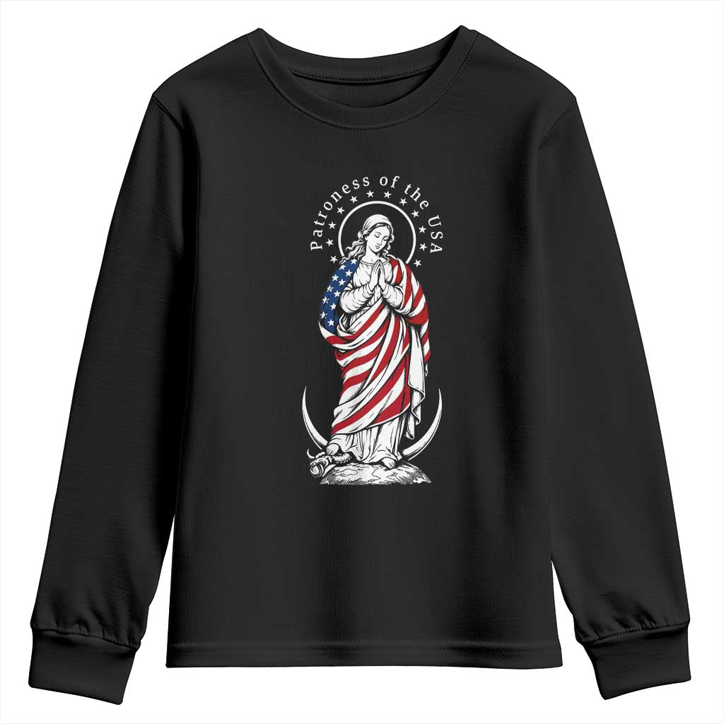 Patroness of the USA Virgin Mary Graphic Youth Sweatshirt Patriotic American Flag Catholic Faith TS02 Black Print Your Wear