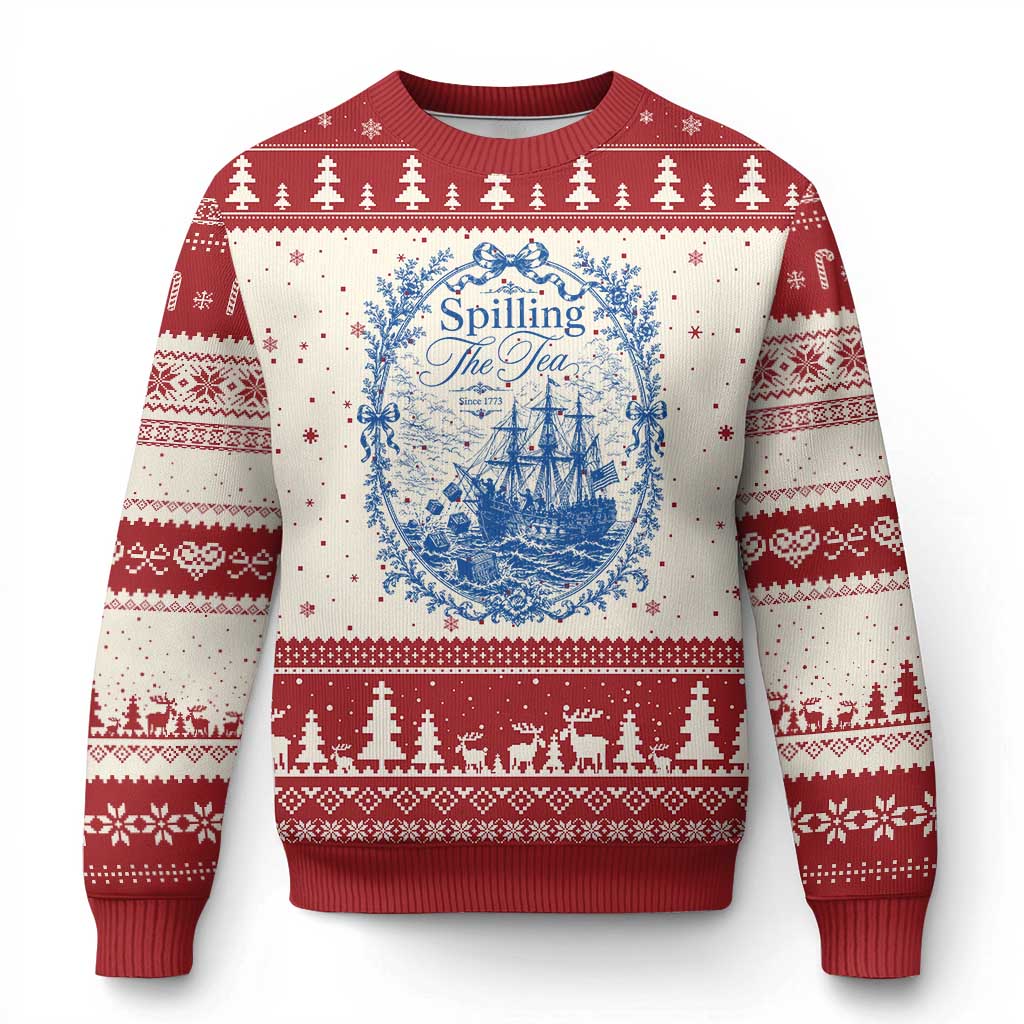 Spilling The Tea Since 1773 Boston Tea Party Ugly Christmas Sweater Funny Historical Toile Graphic American History Humor TS02 Beige Red Print Your Wear