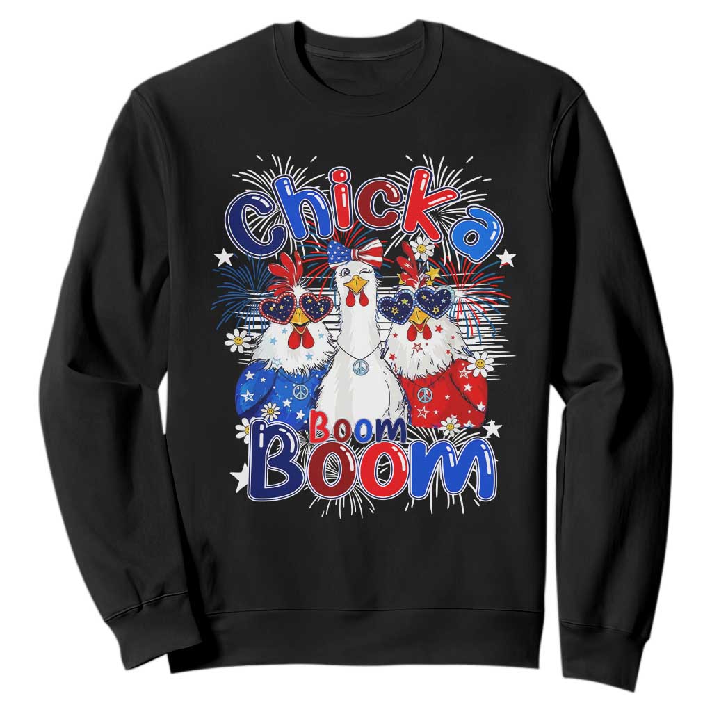 Funny Patriotic Chickens 4th of July Fireworks Sweatshirt Retro Chicka Boom Boom Hen Rooster Chick Graphic TS02 Black Print Your Wear