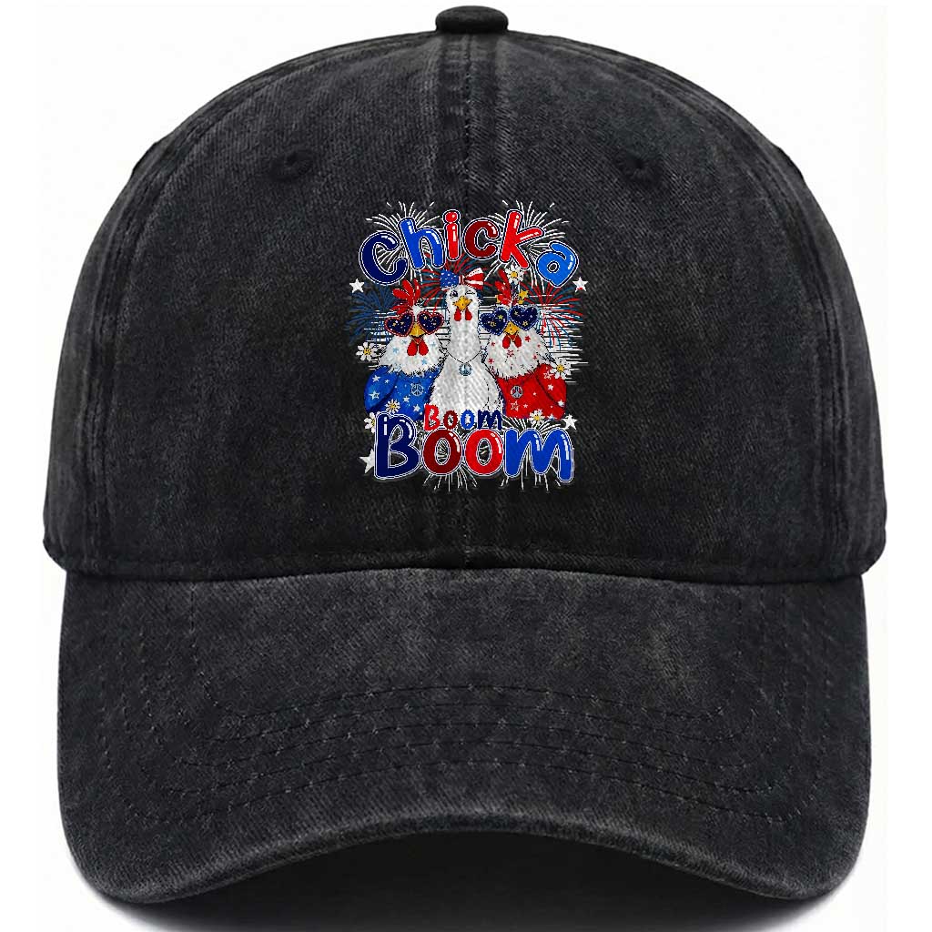 Funny Patriotic Chickens 4th of July Fireworks Washed Cotton Baseball Cap Retro Chicka Boom Boom Hen Rooster Chick Graphic TS02 Print Your Wear