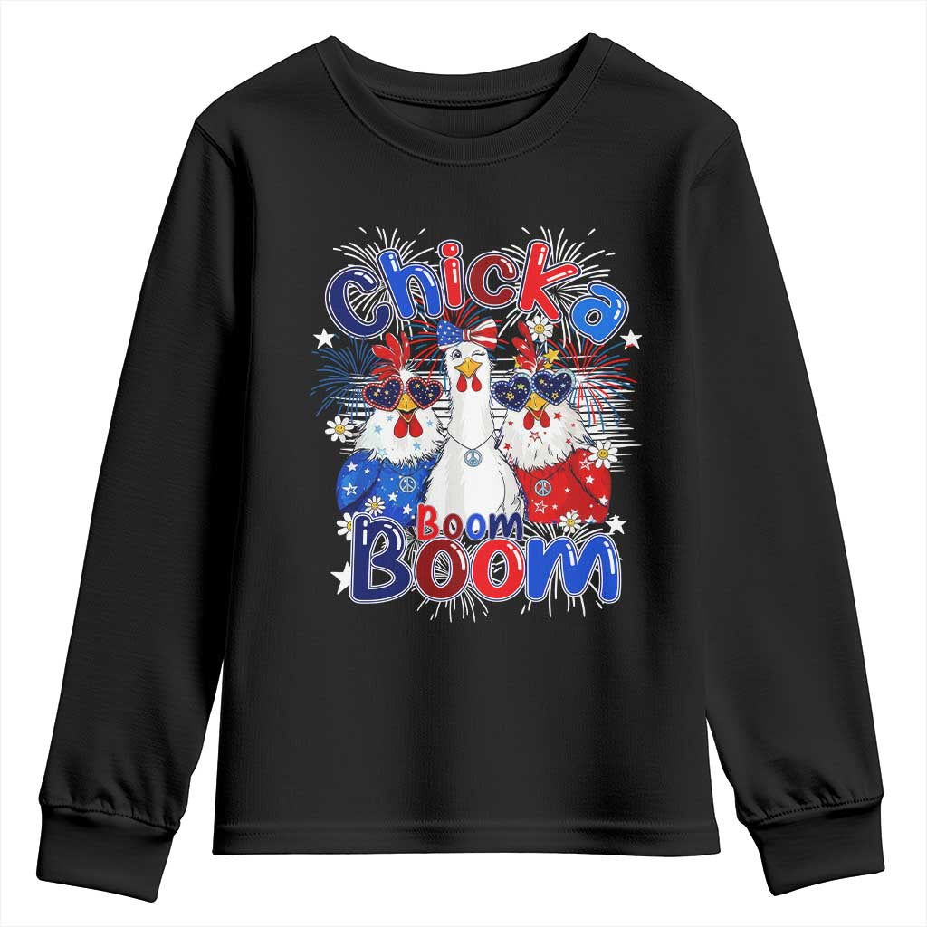 Funny Patriotic Chickens 4th of July Fireworks Youth Sweatshirt Retro Chicka Boom Boom Hen Rooster Chick Graphic TS02 Black Print Your Wear