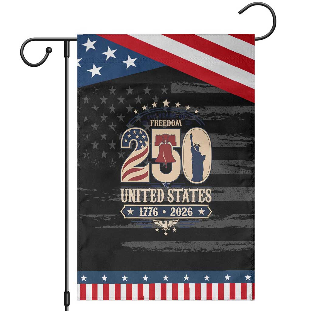 250 Years of Freedom Liberty Bell and Statue of Liberty Graphic Patriotic Garden Flag 1776 2026 US Pride American Flag Graphic Emblem TS02 Distressed Black Blue Print Your Wear