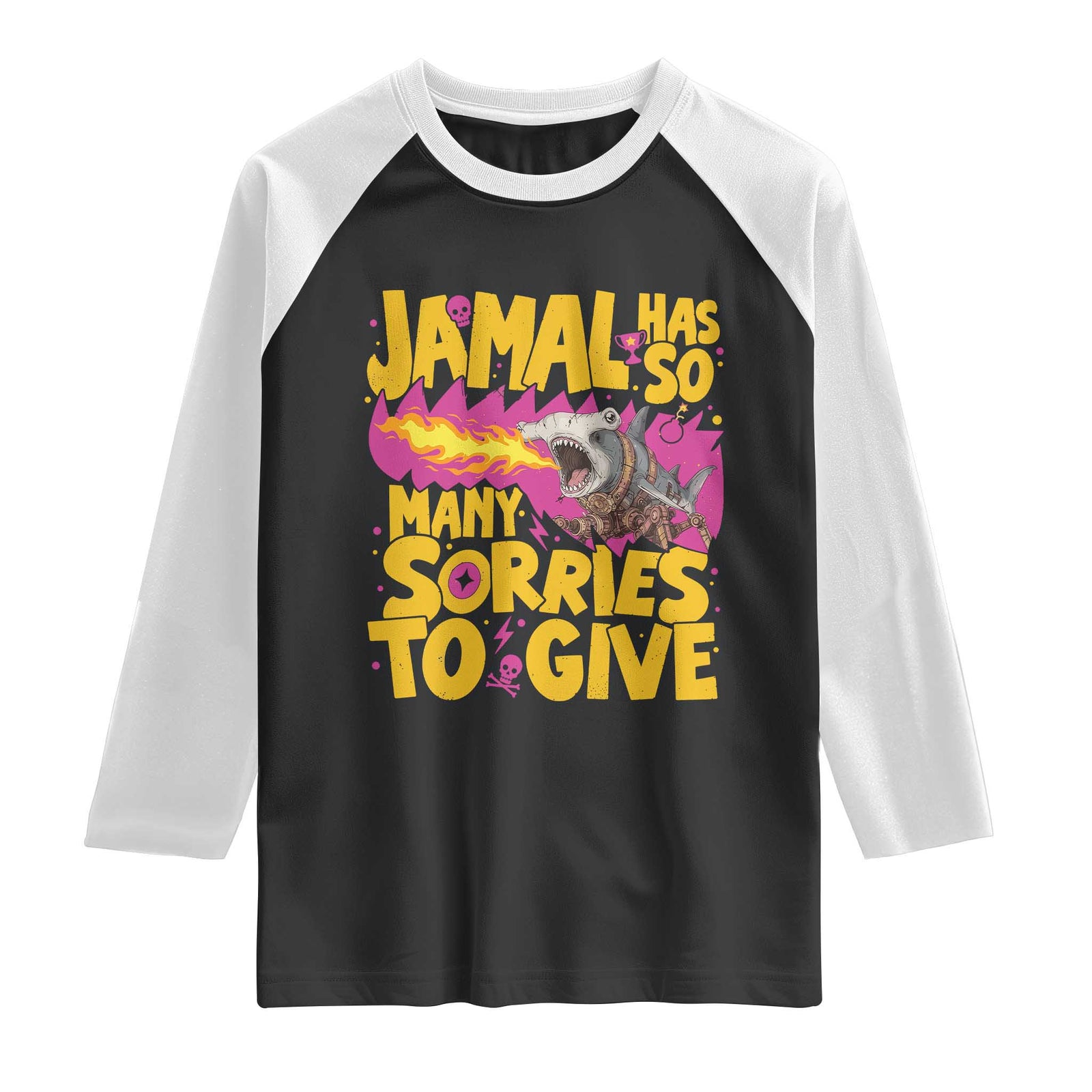 Jamal Has So Many Sorries To Give Raglan Shirt Funny Fire Breathing Hammerhead Shark Gamer TS02 Black White Print Your Wear