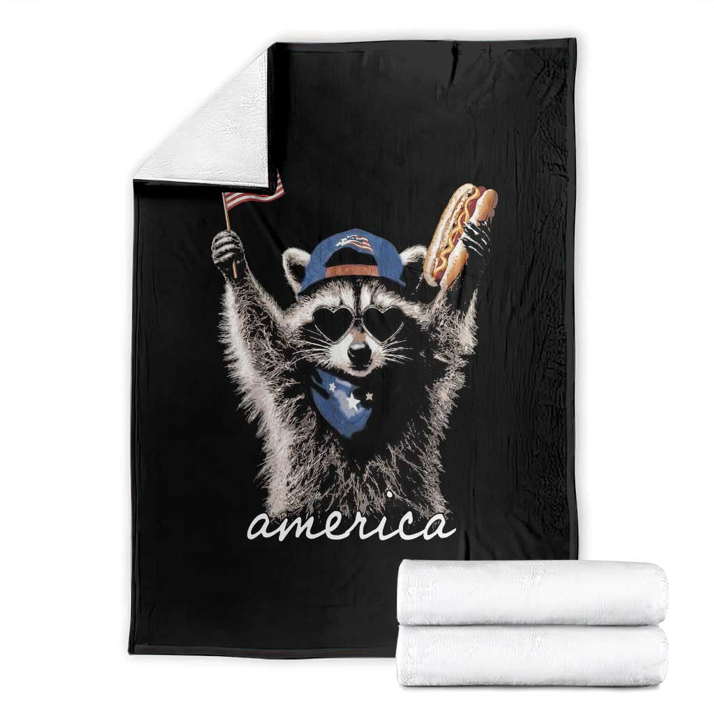 Funny America Raccoon Happy 4th of July Throw Blanket Holding Hotdog and US Flag Patriotic Graphic TS02 Black Print Your Wear