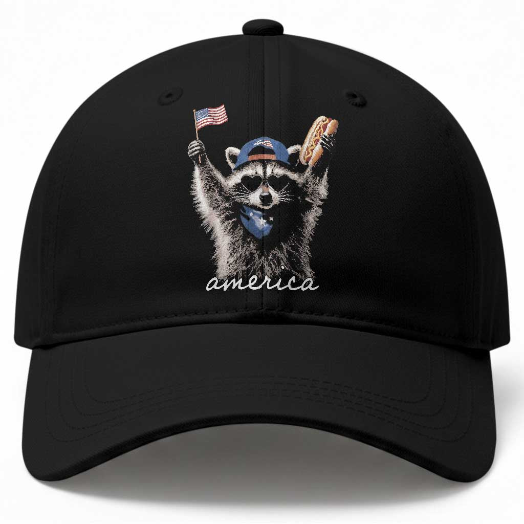 Funny America Raccoon Happy 4th of July Baseball Cap Holding Hotdog and US Flag Patriotic Graphic TS02 Print Your Wear