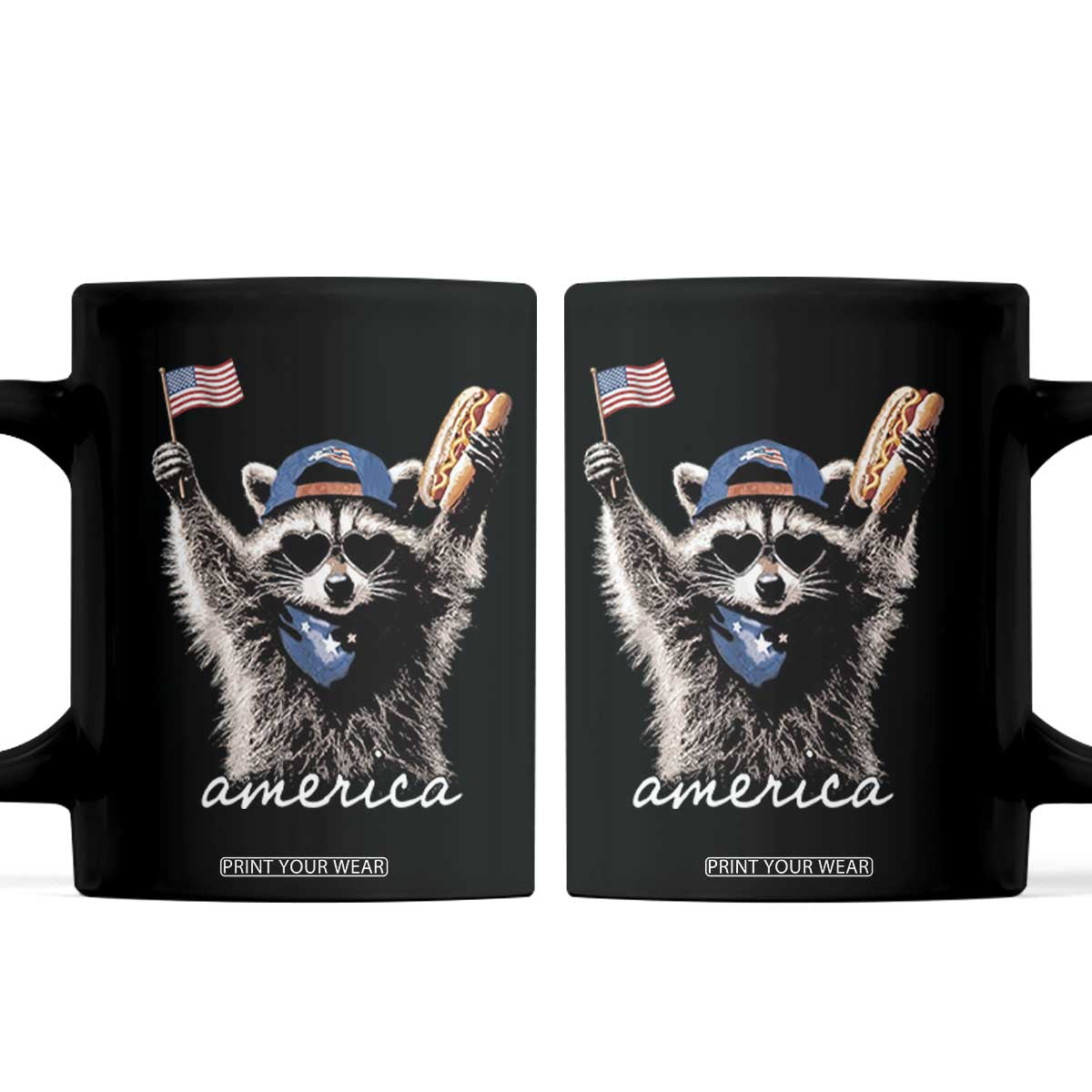 Funny America Raccoon Happy 4th of July Coffee Mug Holding Hotdog and US Flag Patriotic Graphic TS02 Black Print Your Wear