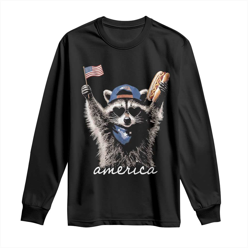 Funny America Raccoon Happy 4th of July Long Sleeve Shirt Holding Hotdog and US Flag Patriotic Graphic TS02 Black Print Your Wear