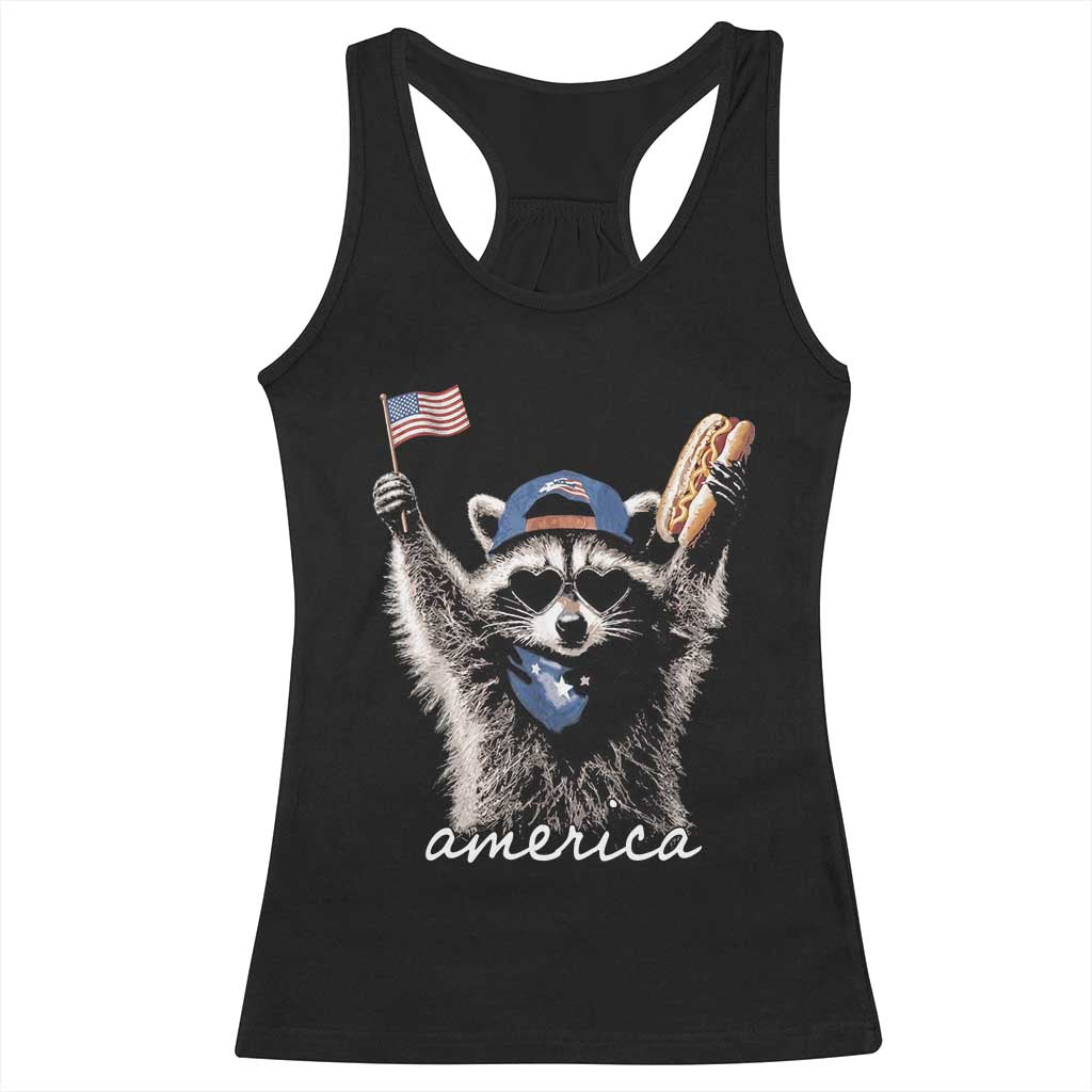 Funny America Raccoon Happy 4th of July Racerback Tank Top Holding Hotdog and US Flag Patriotic Graphic TS02 Black Print Your Wear