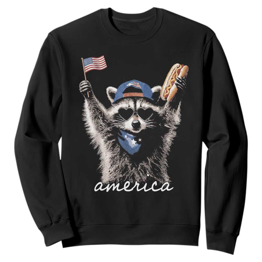 Funny America Raccoon Happy 4th of July Sweatshirt Holding Hotdog and US Flag Patriotic Graphic TS02 Black Print Your Wear