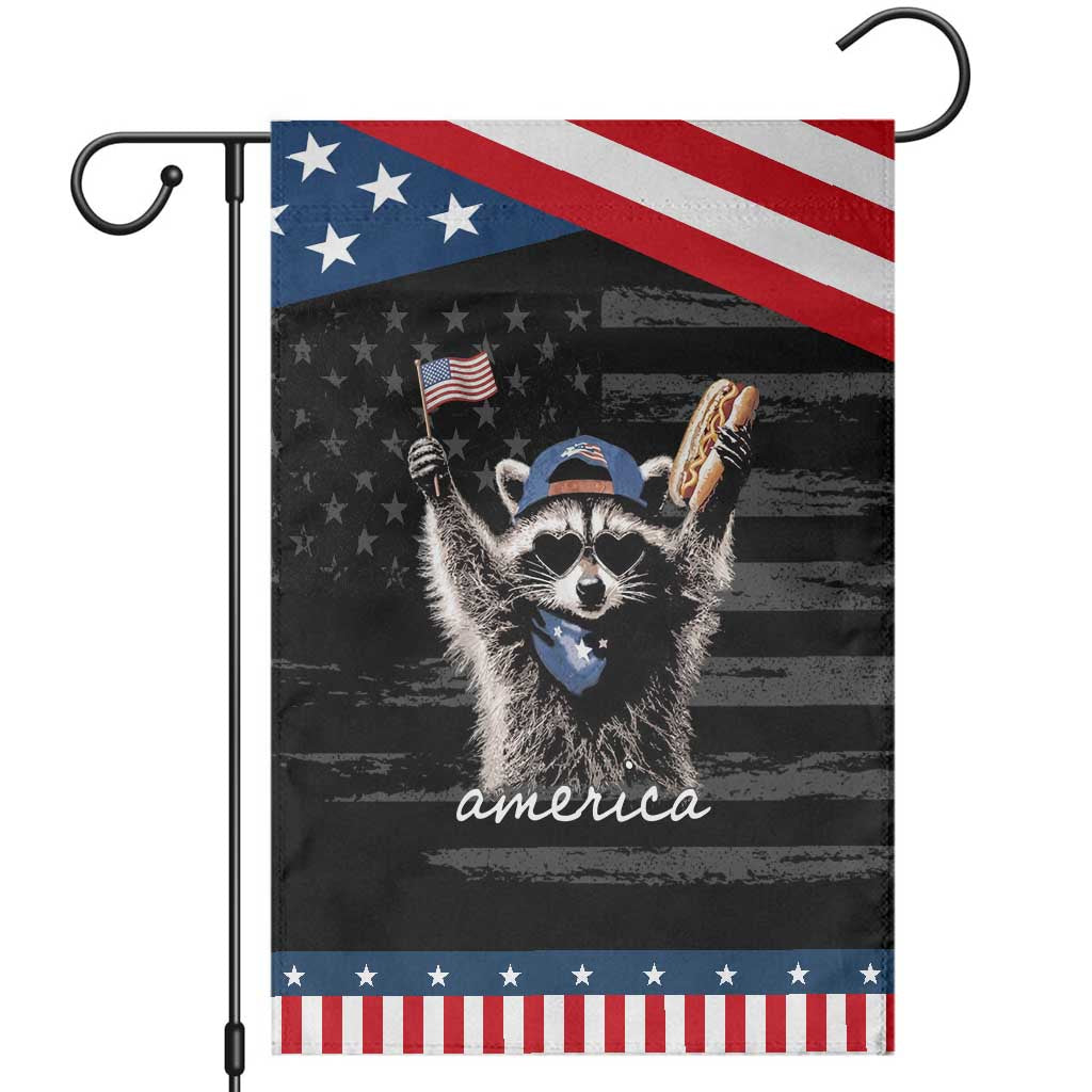 Funny America Raccoon Happy 4th of July Patriotic Garden Flag Holding Hotdog and US Flag Graphic TS02 Distressed Black Blue Print Your Wear