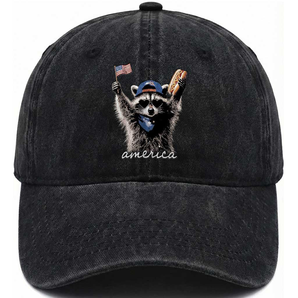 Funny America Raccoon Happy 4th of July Washed Cotton Baseball Cap Holding Hotdog and US Flag Patriotic Graphic TS02 Print Your Wear