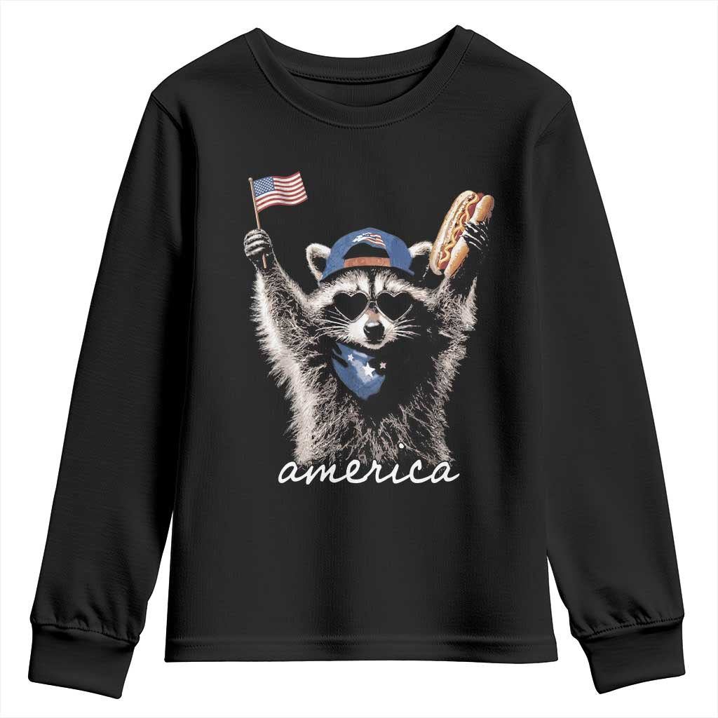 Funny America Raccoon Happy 4th of July Youth Sweatshirt Holding Hotdog and US Flag Patriotic Graphic TS02 Black Print Your Wear