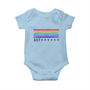 Retro Rainbow Ally Distressed Stripes Graphic Baby Onesie LGBTQ Support Pride Month TS02 Light Blue Print Your Wear