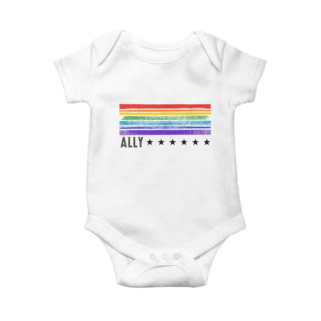 Retro Rainbow Ally Distressed Stripes Graphic Baby Onesie LGBTQ Support Pride Month TS02 White Print Your Wear