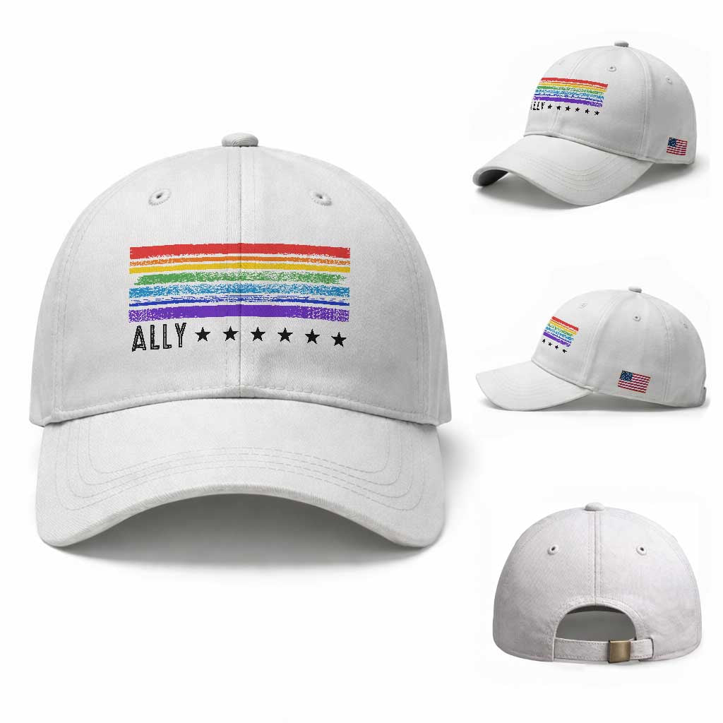 Retro Rainbow Ally Distressed Stripes Graphic Baseball Cap LGBTQ Support Pride Month TS02 Baseball Cap Universal Fit White Print Your Wear