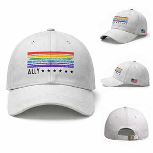 Retro Rainbow Ally Distressed Stripes Graphic Baseball Cap LGBTQ Support Pride Month TS02 Baseball Cap Universal Fit White Print Your Wear