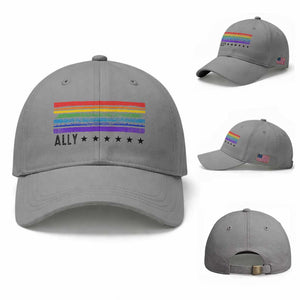 Retro Rainbow Ally Distressed Stripes Graphic Baseball Cap LGBTQ Support Pride Month TS02 Baseball Cap Universal Fit Sport Gray Print Your Wear