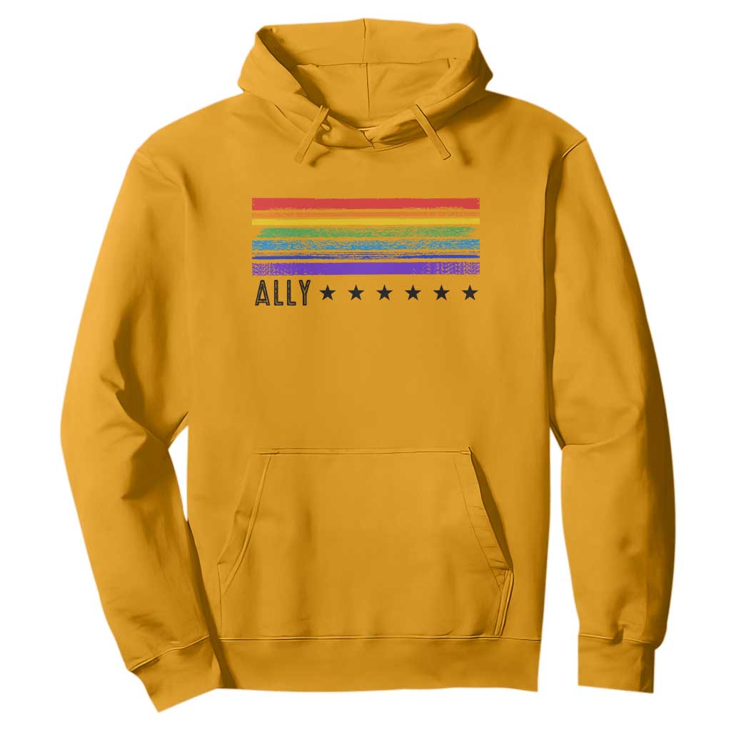 Retro Rainbow Ally Distressed Stripes Graphic Hoodie LGBTQ Support Pride Month TS02 Gold Print Your Wear