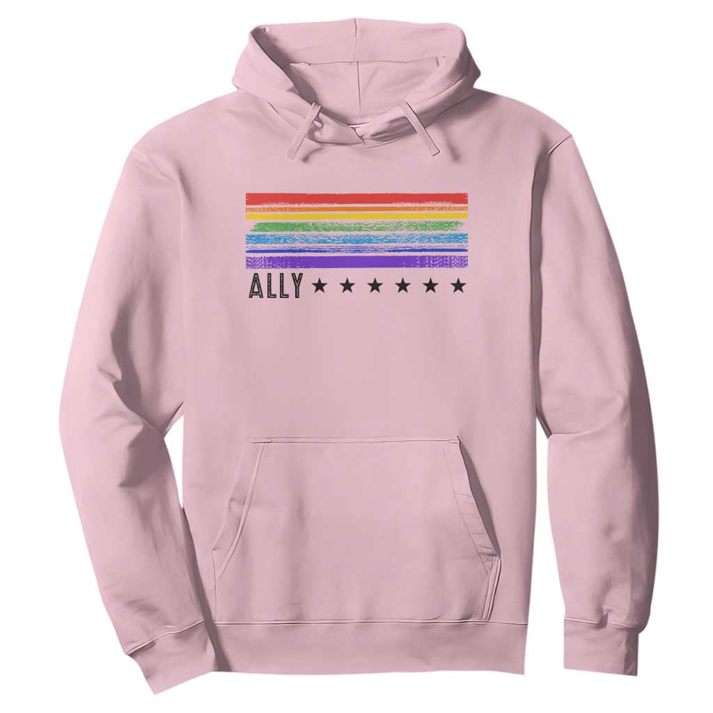 Retro Rainbow Ally Distressed Stripes Graphic Hoodie LGBTQ Support Pride Month TS02 Light Pink Print Your Wear