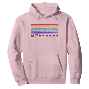 Retro Rainbow Ally Distressed Stripes Graphic Hoodie LGBTQ Support Pride Month TS02 Light Pink Print Your Wear