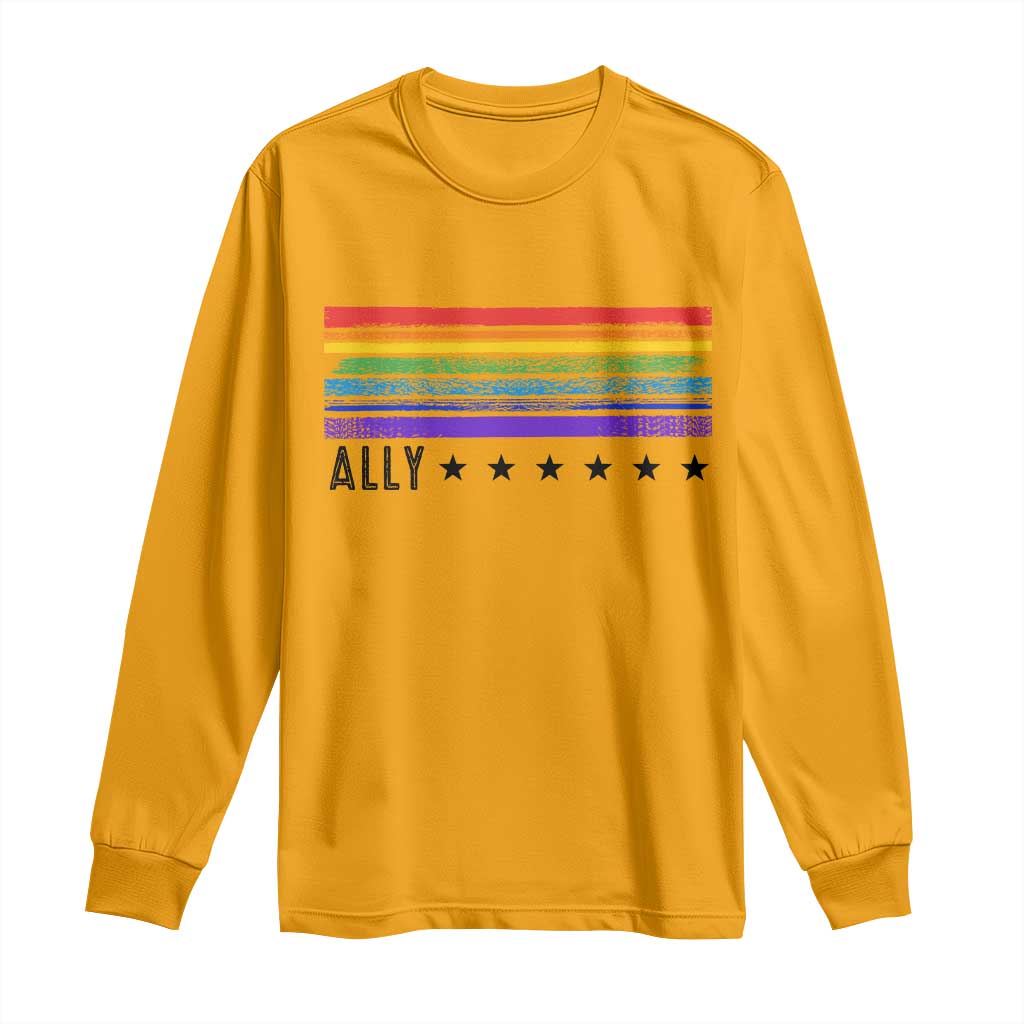Retro Rainbow Ally Distressed Stripes Graphic Long Sleeve Shirt LGBTQ Support Pride Month TS02 Gold Print Your Wear
