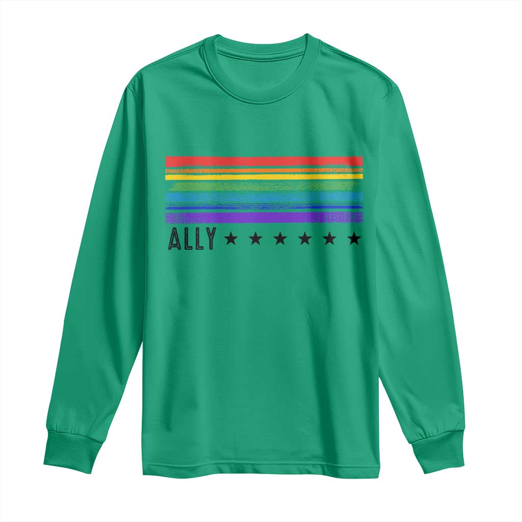 Retro Rainbow Ally Distressed Stripes Graphic Long Sleeve Shirt LGBTQ Support Pride Month TS02 Irish Green Print Your Wear