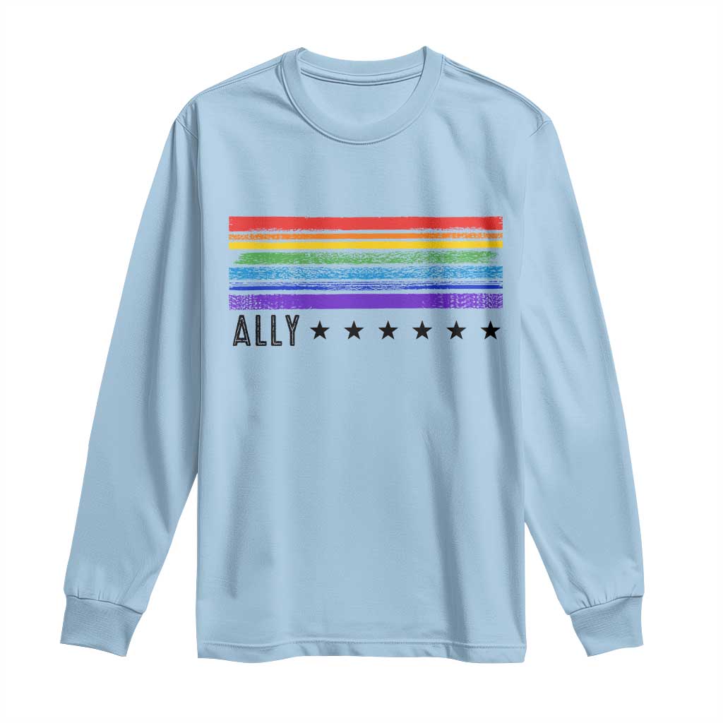 Retro Rainbow Ally Distressed Stripes Graphic Long Sleeve Shirt LGBTQ Support Pride Month TS02 Light Blue Print Your Wear